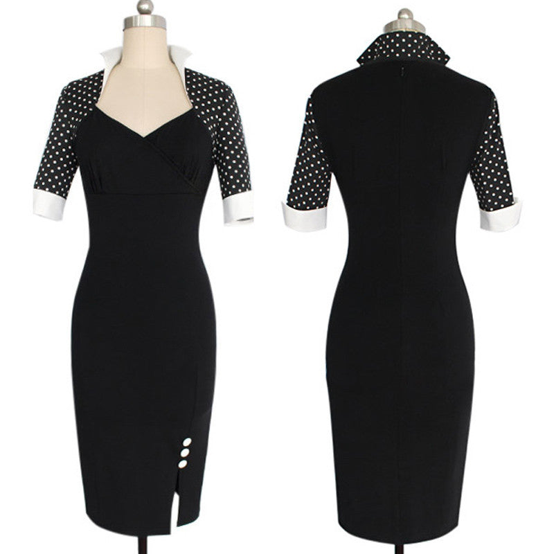 Elegant Formal Black Polka Dot Sleeve Dress