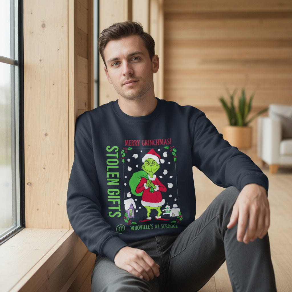 Man wearing a navy blue sweatshirt with a Christmas design.