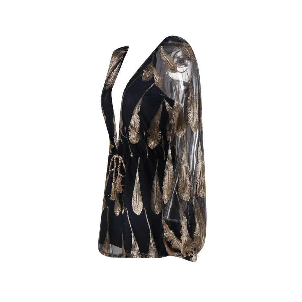 Plunge Sexy Feathered Mesh Play Suit