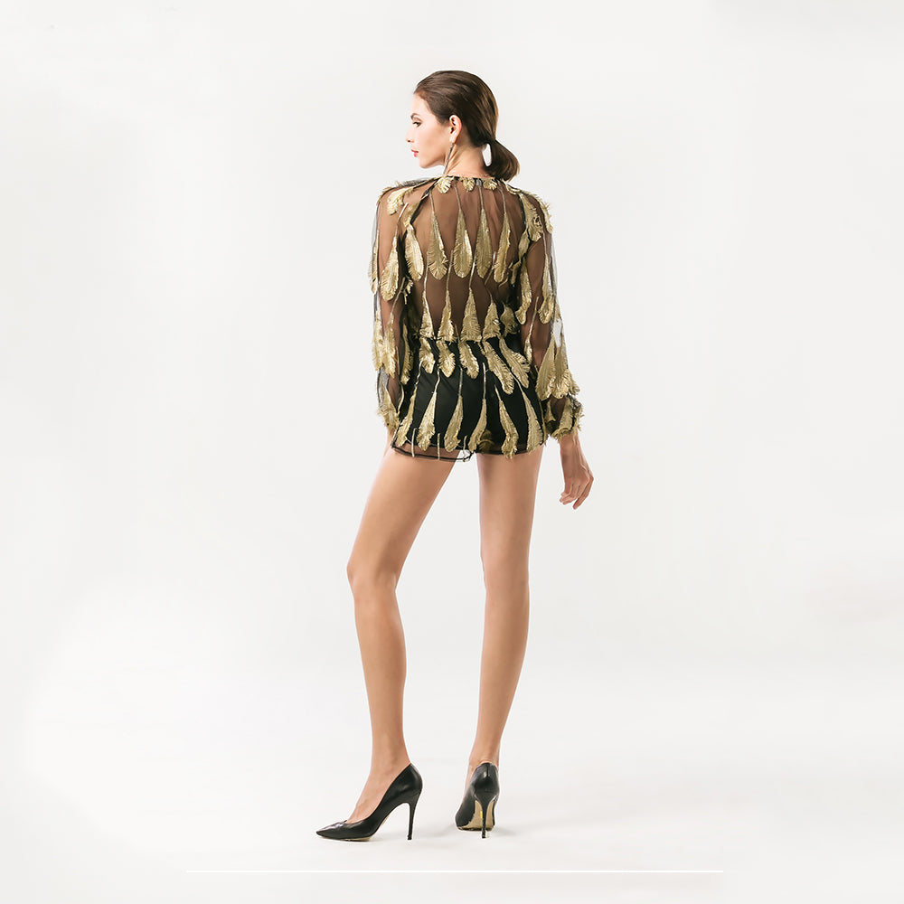 Plunge Sexy Feathered Mesh Play Suit