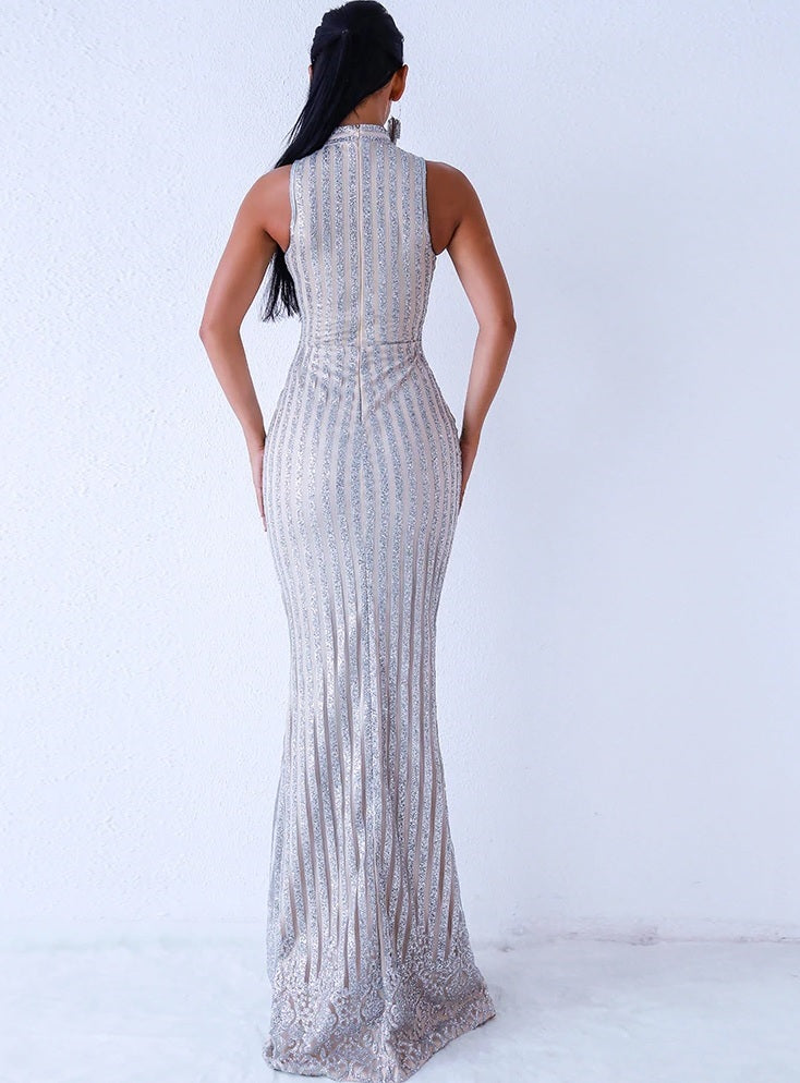 Classy Couture Adriana Silver Sleeveless Stunning Evening Gown