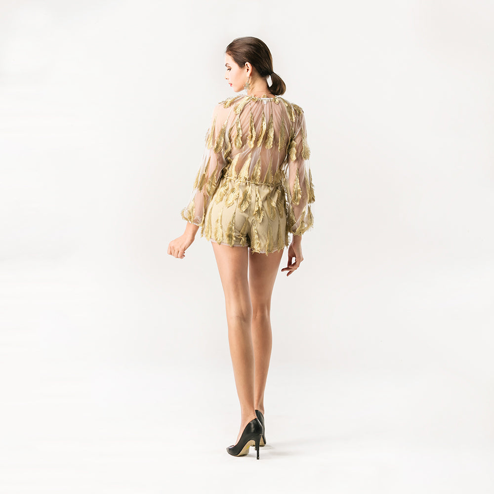 Plunge Sexy Feathered Mesh Play Suit