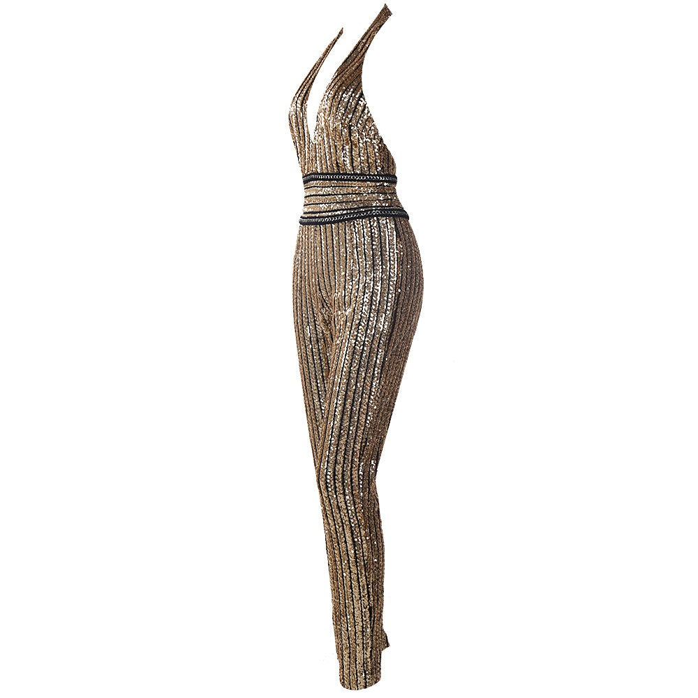 V-Neck, High Waisted Gold Sequin Striped Jumpsuit