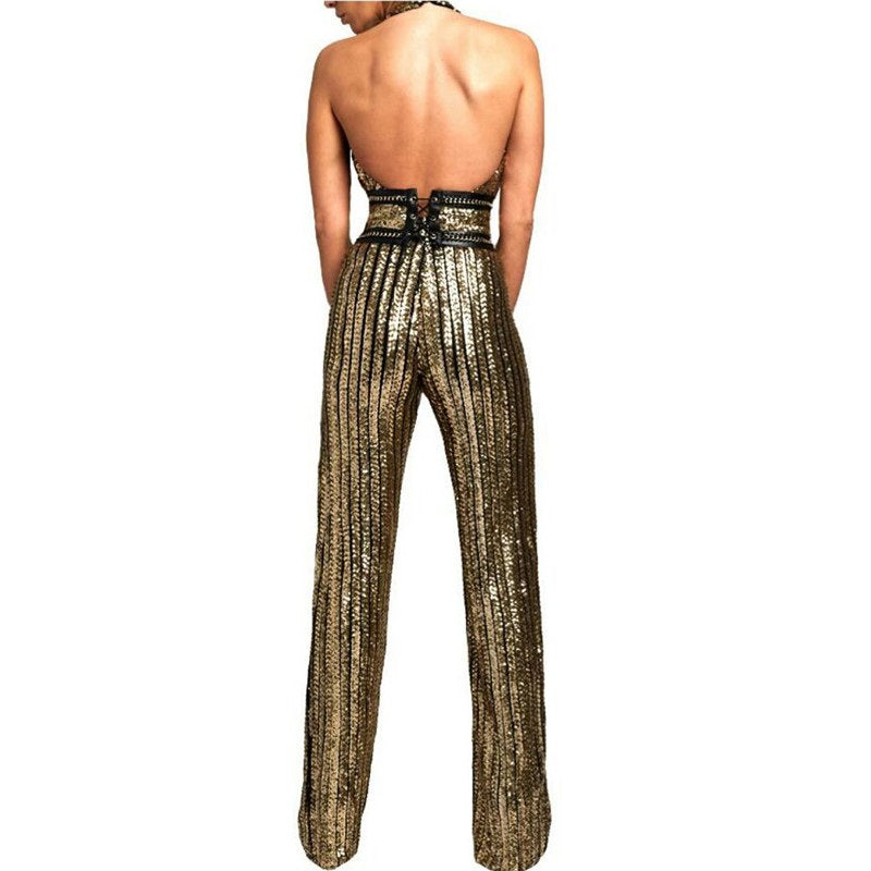 V-Neck, High Waisted Gold Sequin Striped Jumpsuit