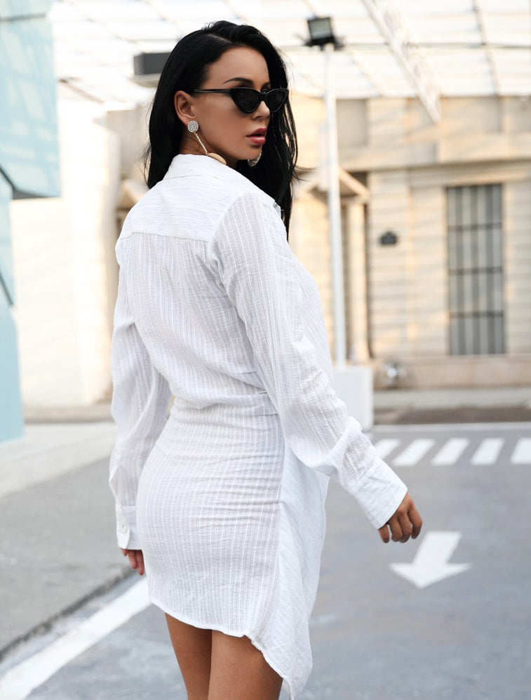 Stylish Sexy Plunge White Shirt Dress