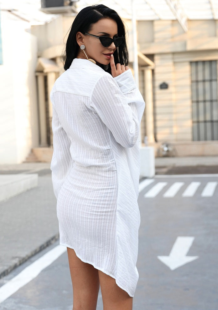 Stylish Sexy Plunge White Shirt Dress
