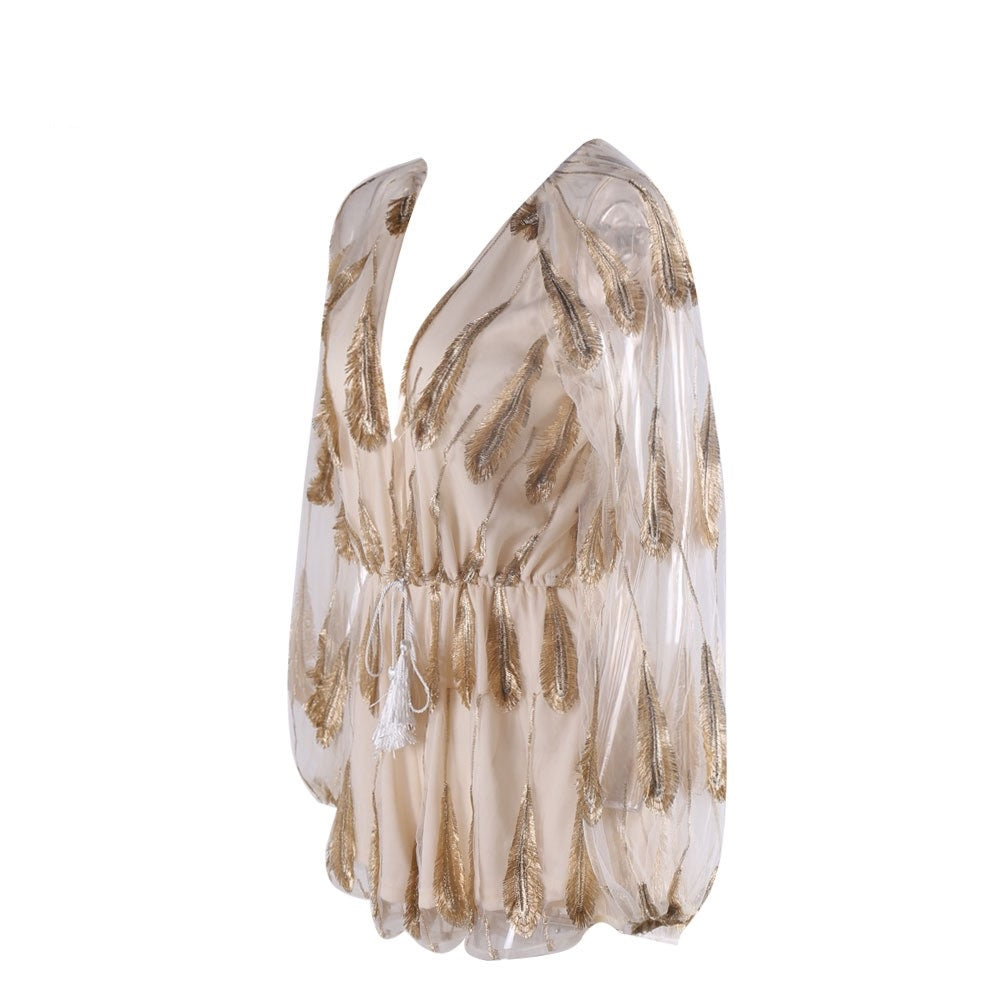 Plunge Sexy Feathered Mesh Play Suit