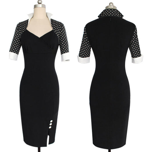 Elegant Formal Black Polka Dot Sleeve Dress