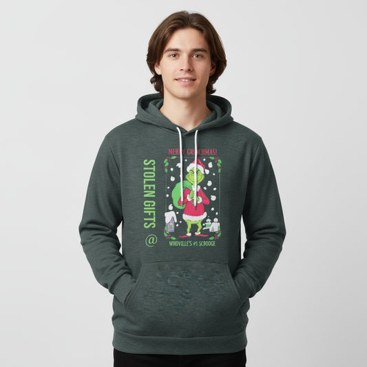 Person wearing a green hoodie with a festive design 