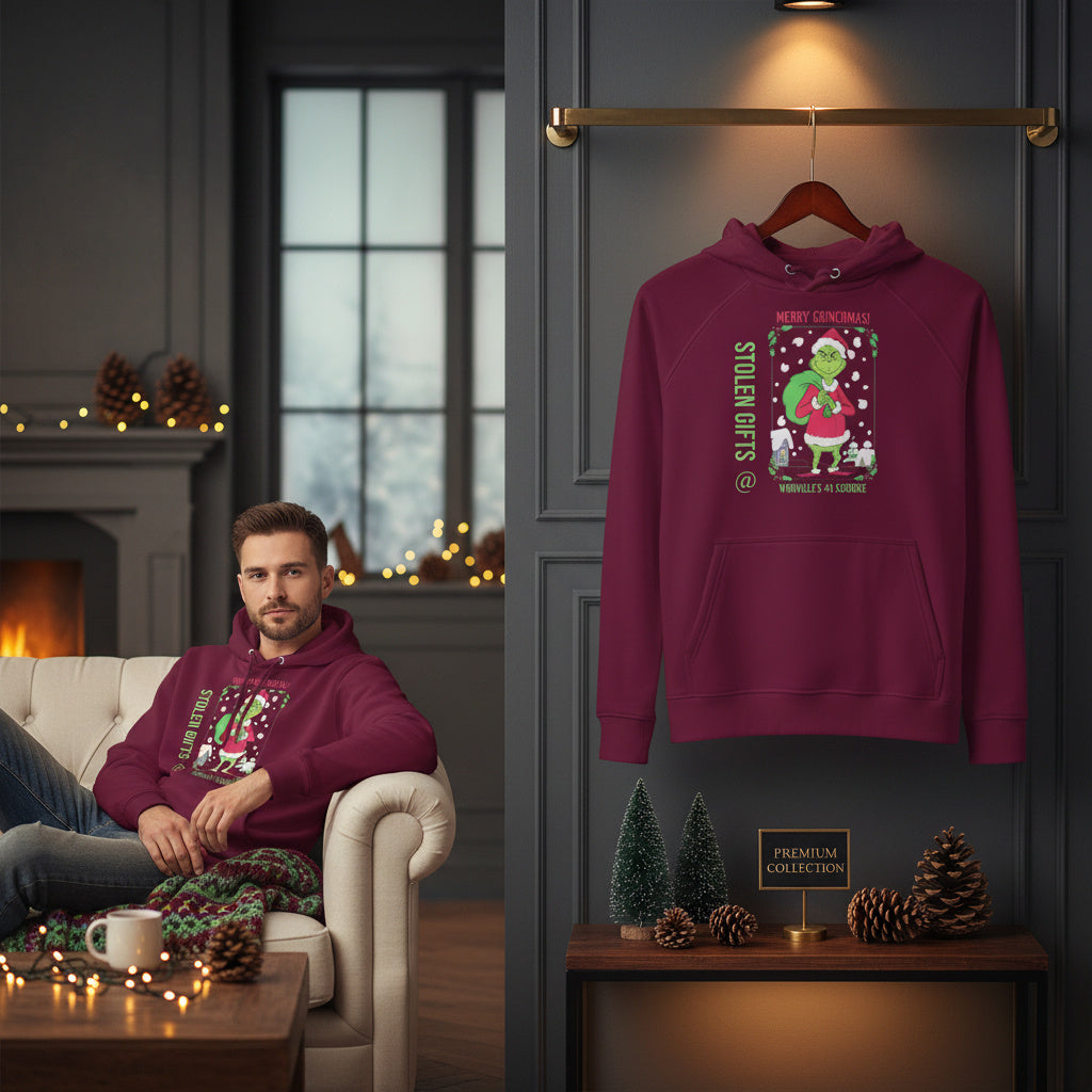 Man wearing a purple hoodie with a Christmas design