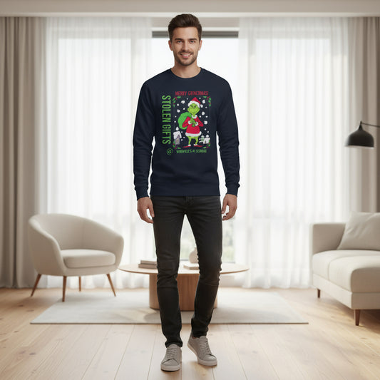 Man wearing a navy blue sweater with a Christmas design.
