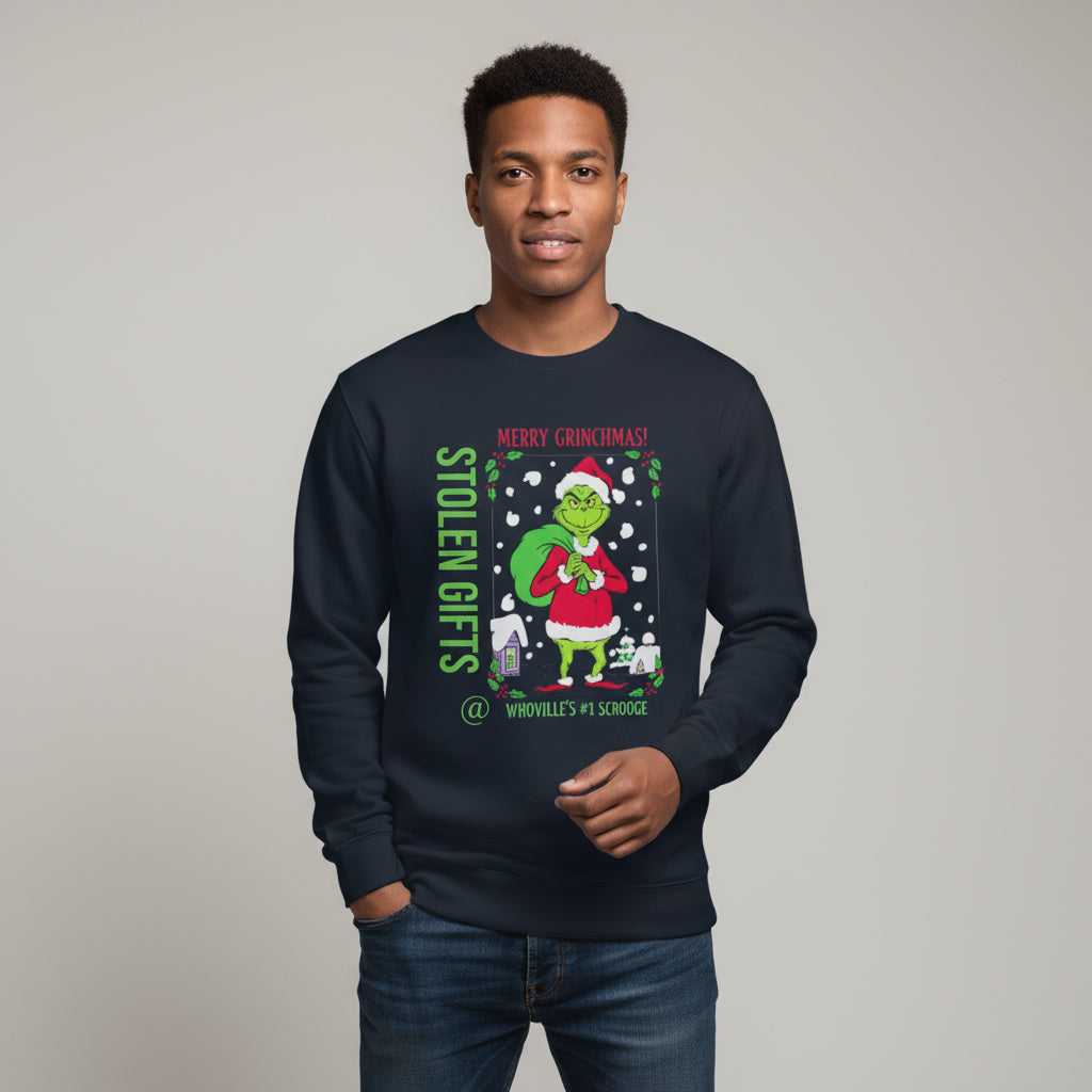 Man wearing a navy blue sweatshirt with a festive design.