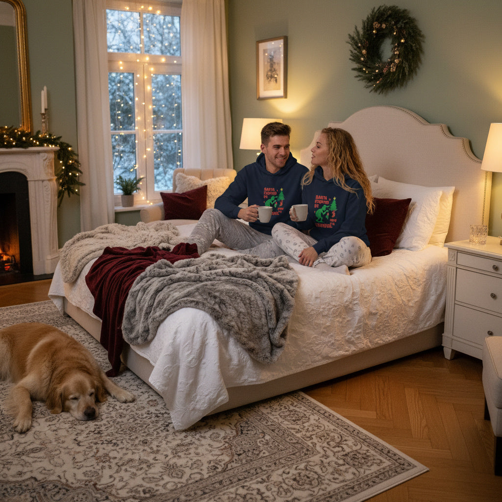 Couple sitting on a bed in a cozy room sweatshirt with festive design