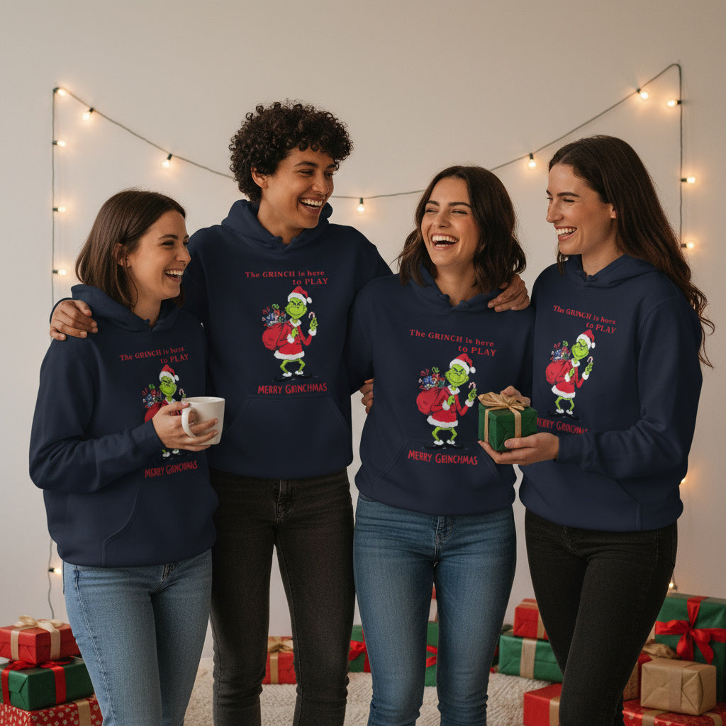 Friends wearing navy blue hoodies with a Christmas design