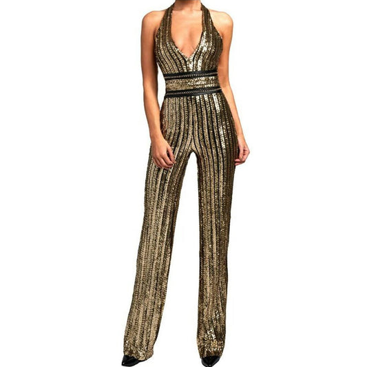 V-Neck, High Waisted Gold Sequin Striped Jumpsuit