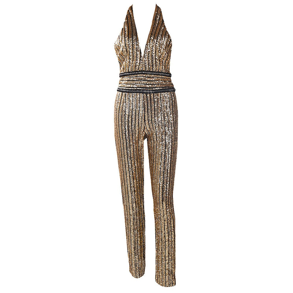 V-Neck, High Waisted Gold Sequin Striped Jumpsuit