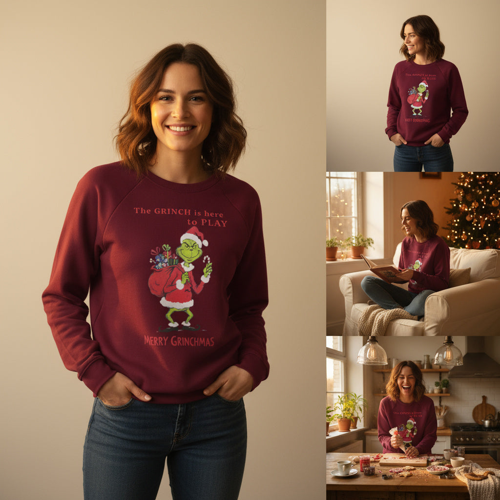 Woman wearing a red 'Grinch' themed sweatshirt in various settings.
